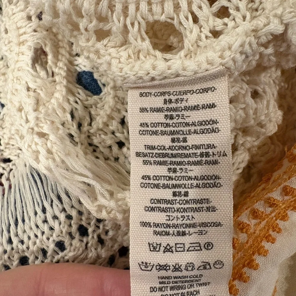 Free People crochet open knit top with fringe detail ivory sz M boho festival